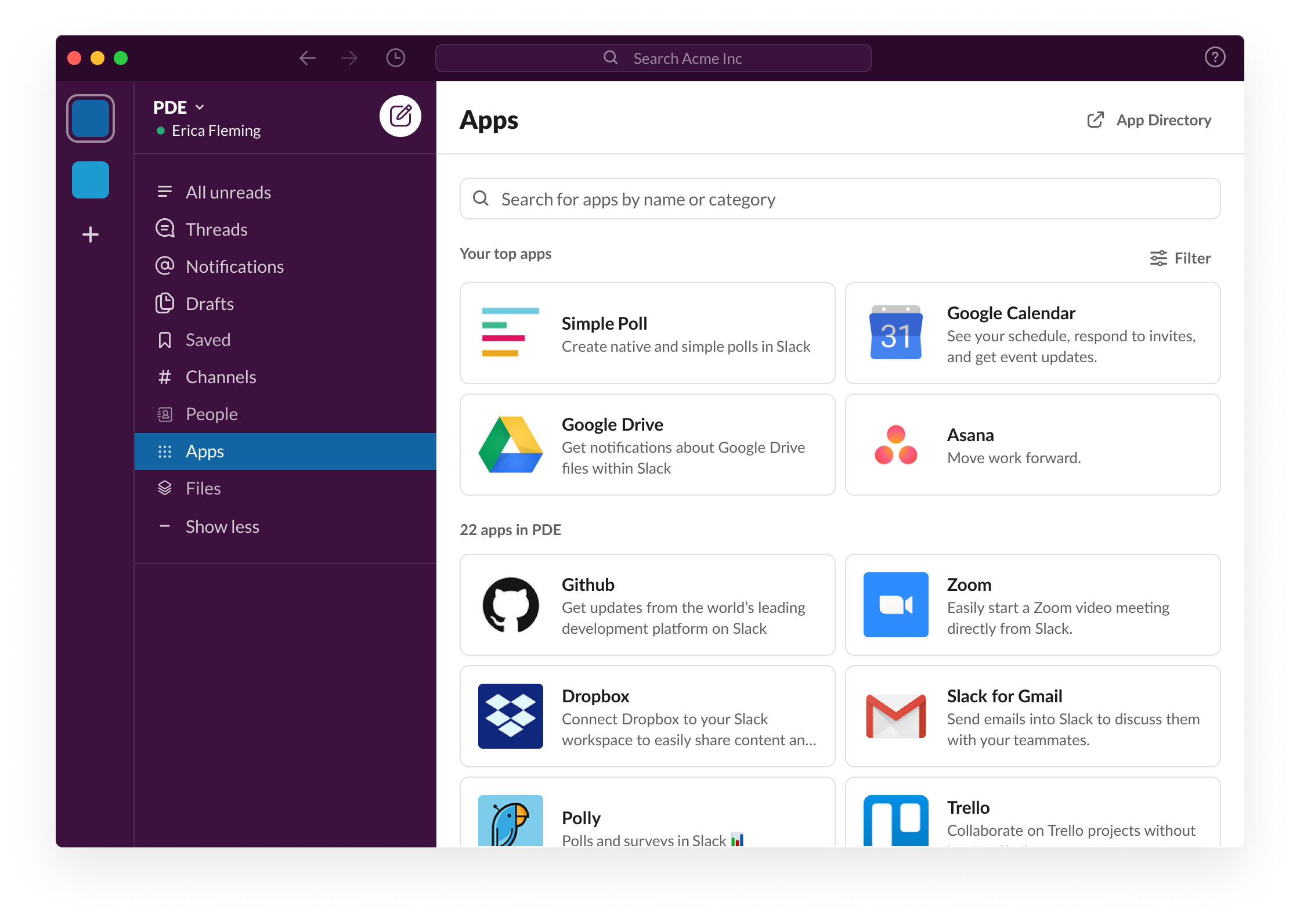 View of Slack apps inside the Slack app